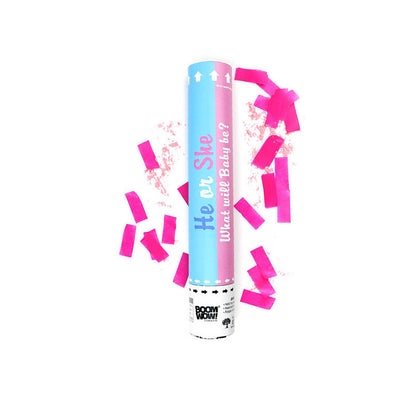 Cañón para fiesta de revelación de género de él o ella lleno de confeti y polvos de colores (personalizable)