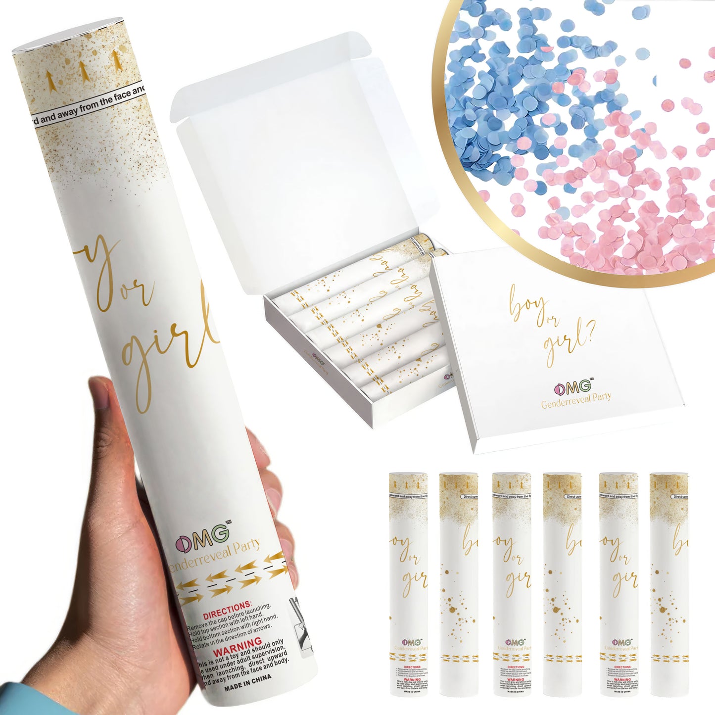 Biodegradable Gender Reveal Confetti Cannon - Corn Powder & Rice Paper Inside