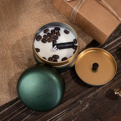 NC0001 Tarro para velas de aromaterapia con forma de grano de café en lata con tapa, regalo romántico, cera de soja con aroma navideño