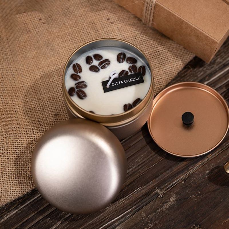 NC0001 Tarro para velas de aromaterapia con forma de grano de café en lata con tapa, regalo romántico, cera de soja con aroma navideño