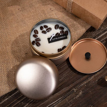 NC0001 Tarro para velas de aromaterapia con forma de grano de café en lata con tapa, regalo romántico, cera de soja con aroma navideño