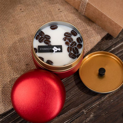 NC0001 Tarro para velas de aromaterapia con forma de grano de café en lata con tapa, regalo romántico, cera de soja con aroma navideño